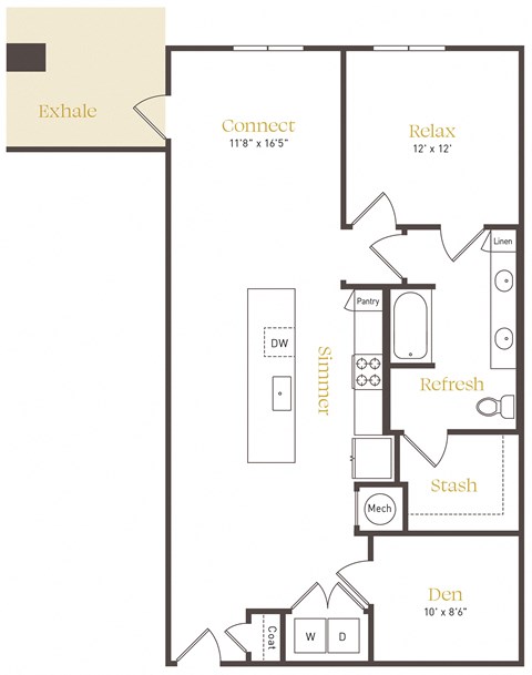 Floor plan for 1 bed, 1 bath, 1073 sqft